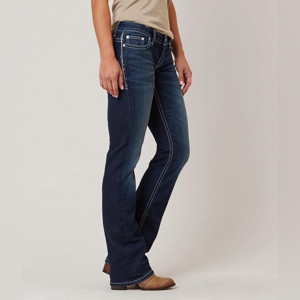 BKE Culture Boot Cut Low Rise Jeans With Stretch And Contrast Stitching Size 28 - Picture 2 of 16